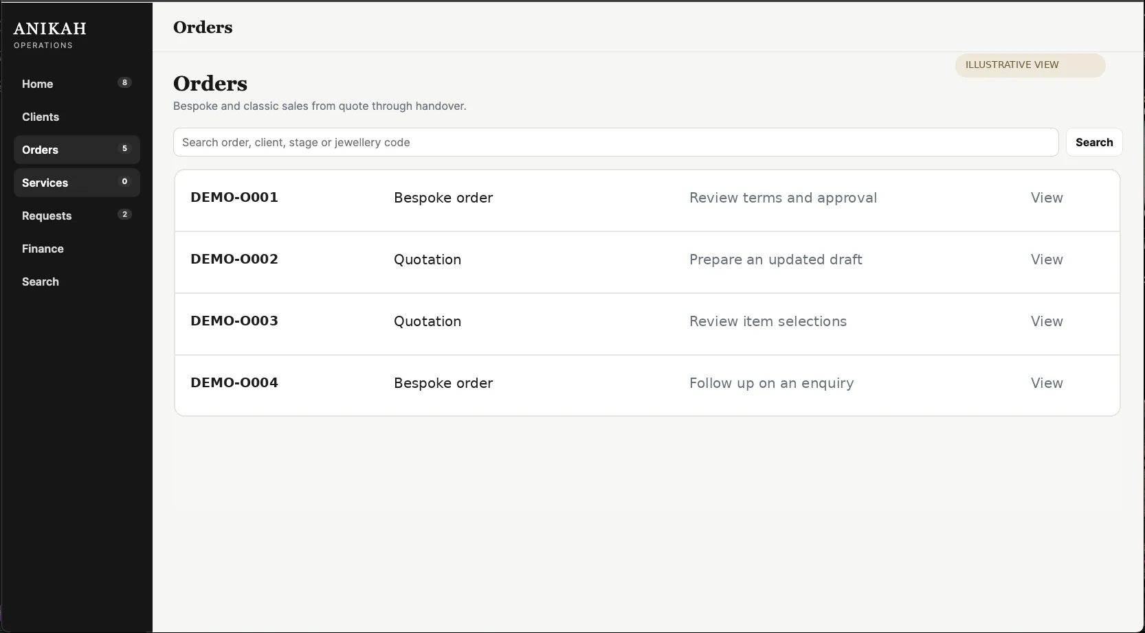 Anikah bespoke order and quotation records using demonstration content