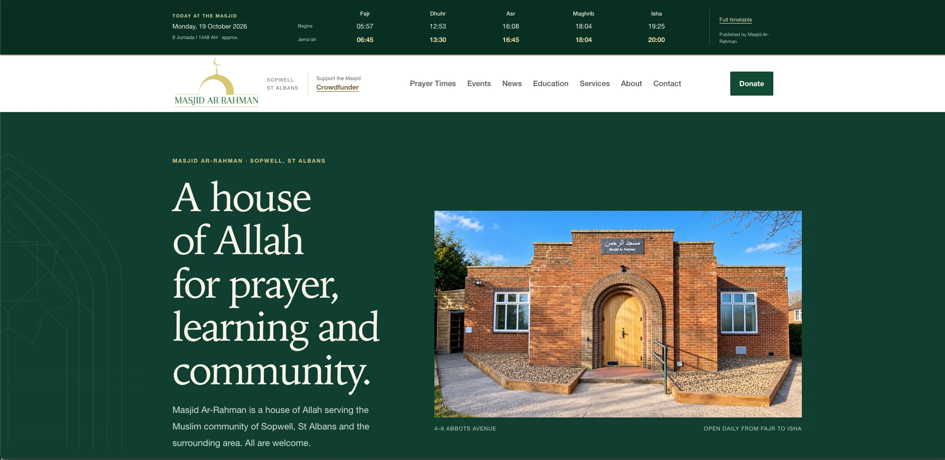 Actual Masjid Ar-Rahman website with organised community and prayer information