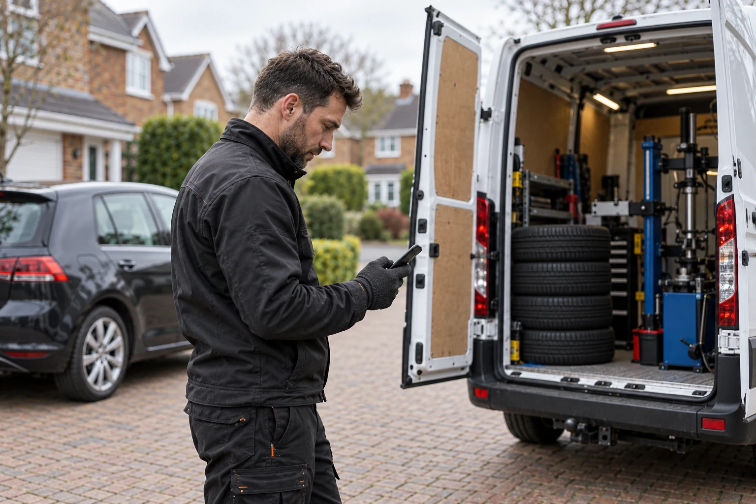 Editorial illustration: A mobile fitter checking a phone on a residential driveway.