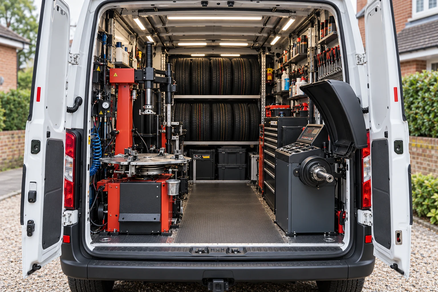 Editorial illustration: Tyre-changing equipment inside a mobile workshop van.