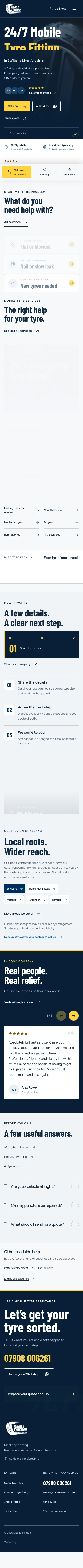 Actual mobile Mobile Tyre Man homepage content scrolling beneath the fixed contact strip