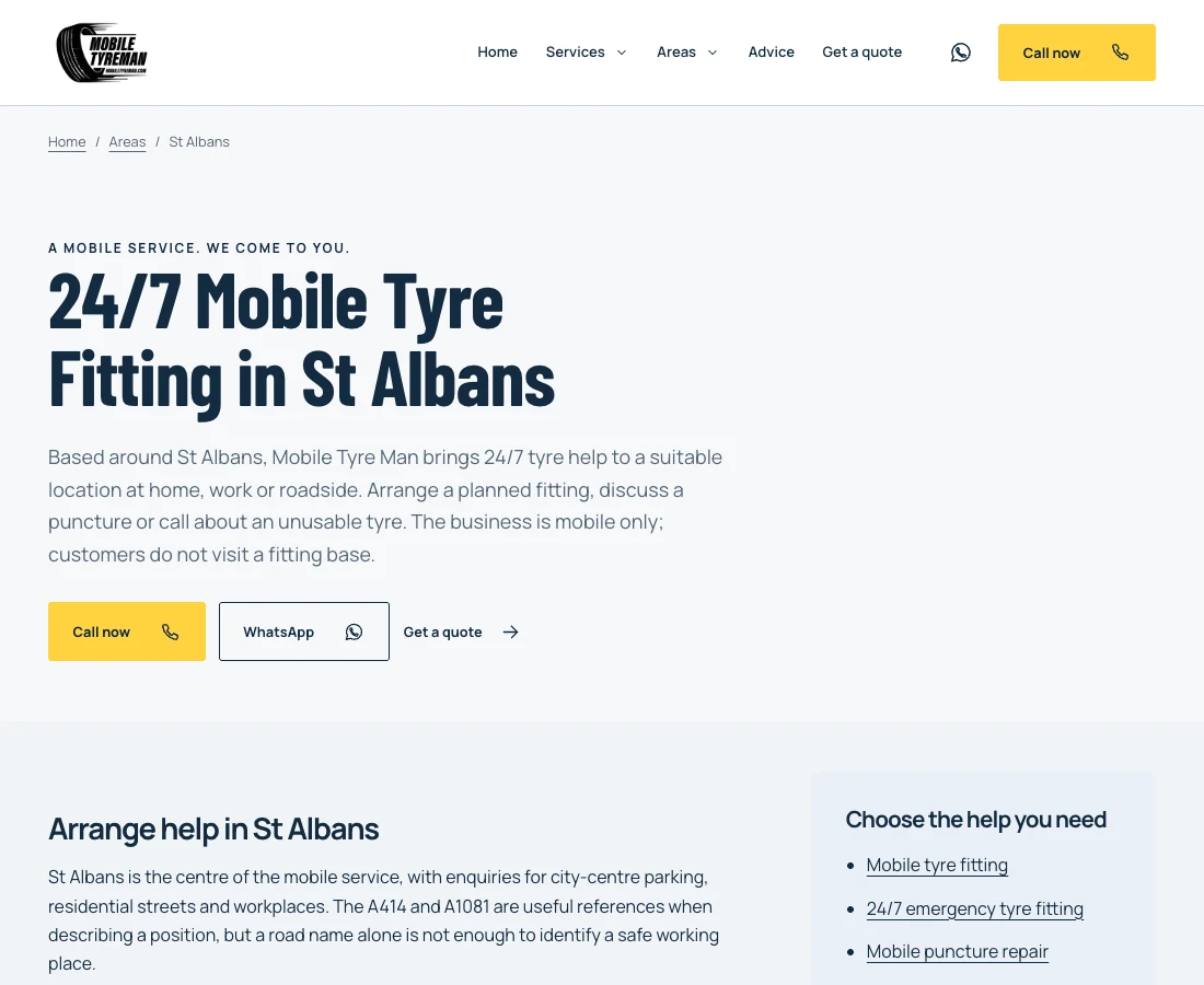 Actual local St Albans service-area page
