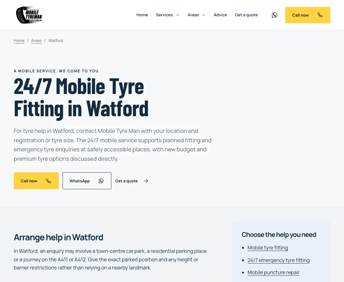 Actual Mobile Tyre Man Watford landing page with its service description and contact routes
