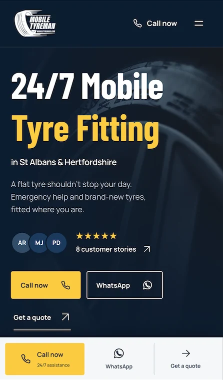 The actual Mobile Tyre Man mobile website with clear contact choices