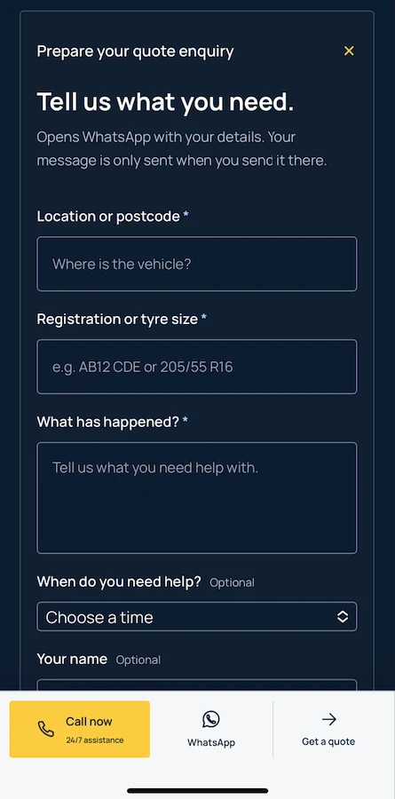 Owner-supplied actual mobile quote form, shown with no personal details entered