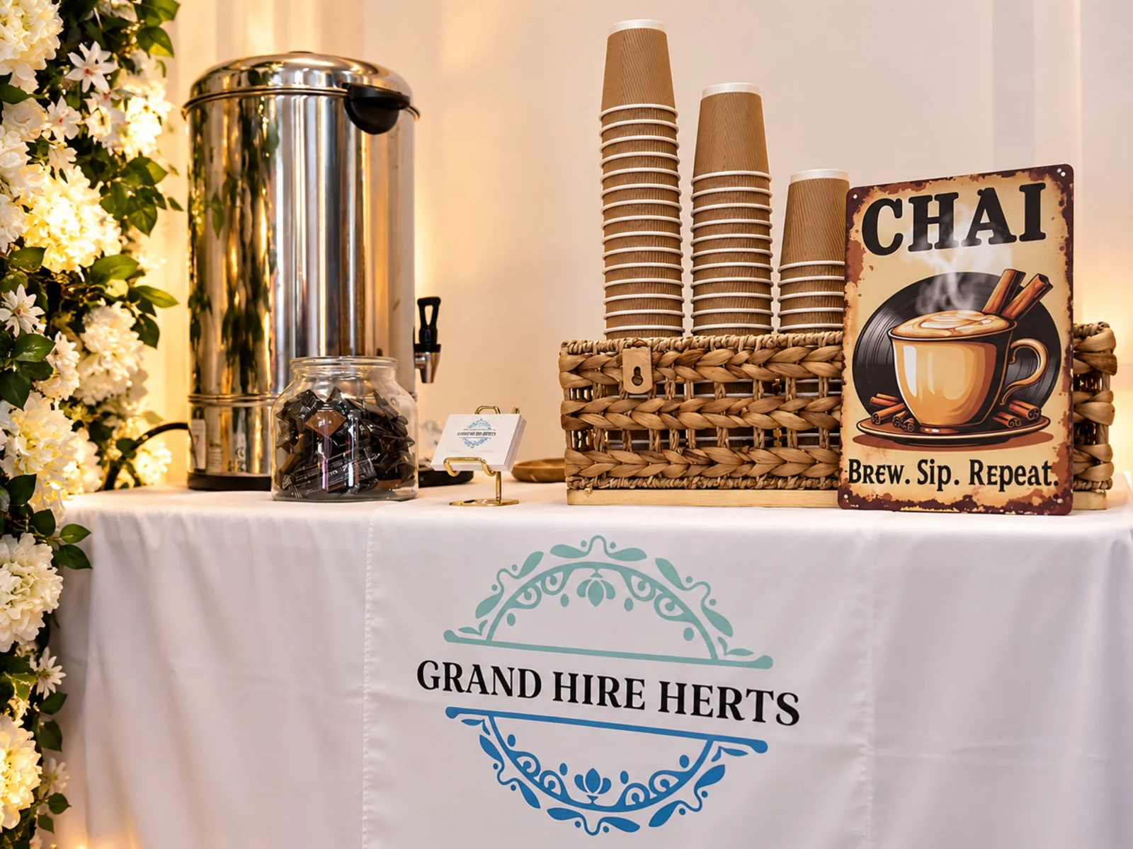 Grand Hire Herts chai station with cups and tea urn from the owner-supplied media handoff.