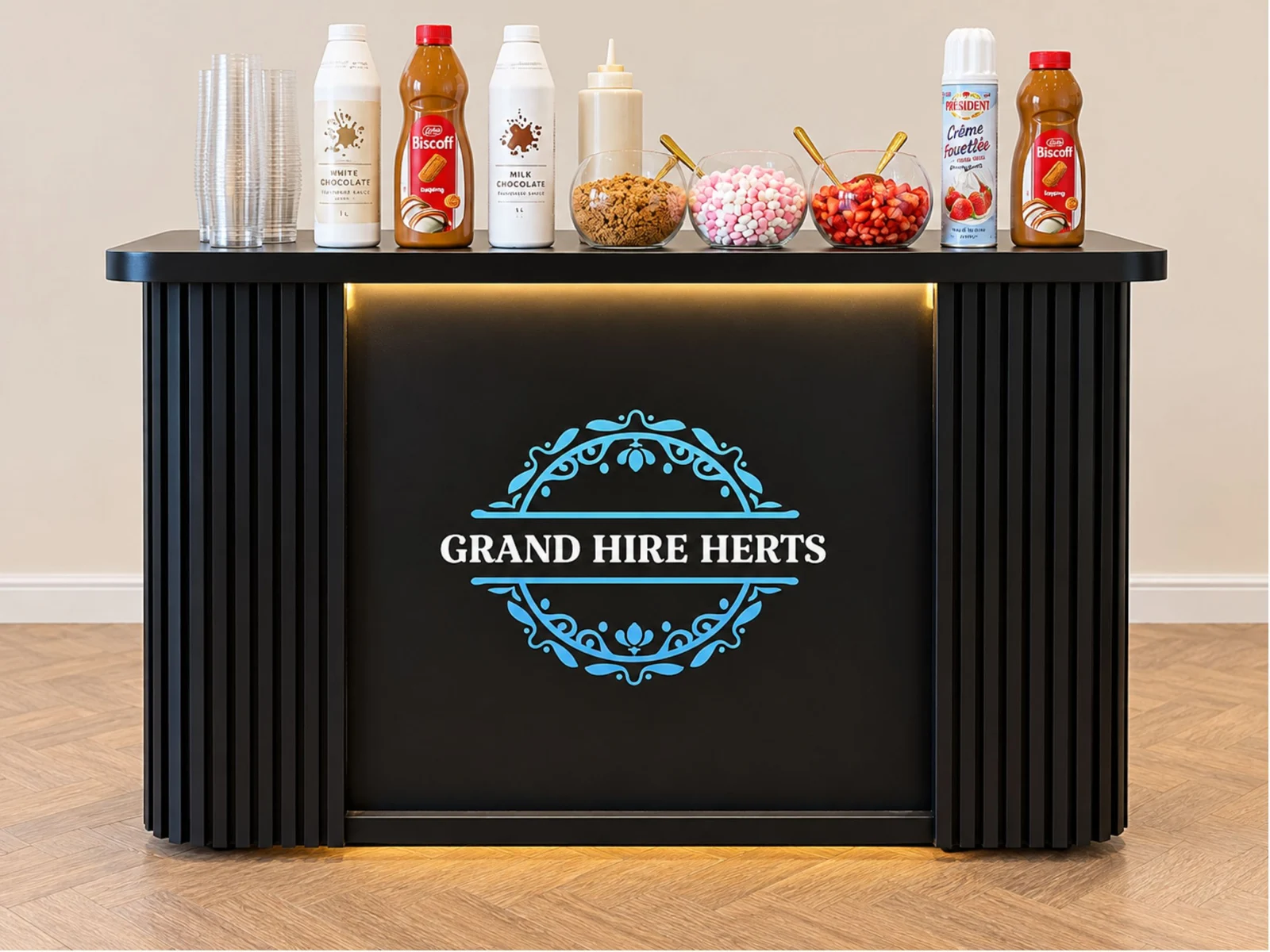 Grand Hire Herts branded pancake service cart from the owner-supplied media handoff.