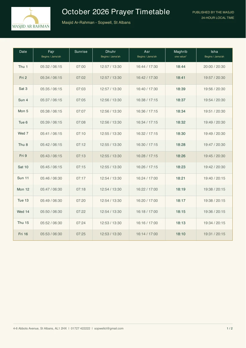First page of the actual generated October 2026 mosque timetable PDF, matching the approved CSV.