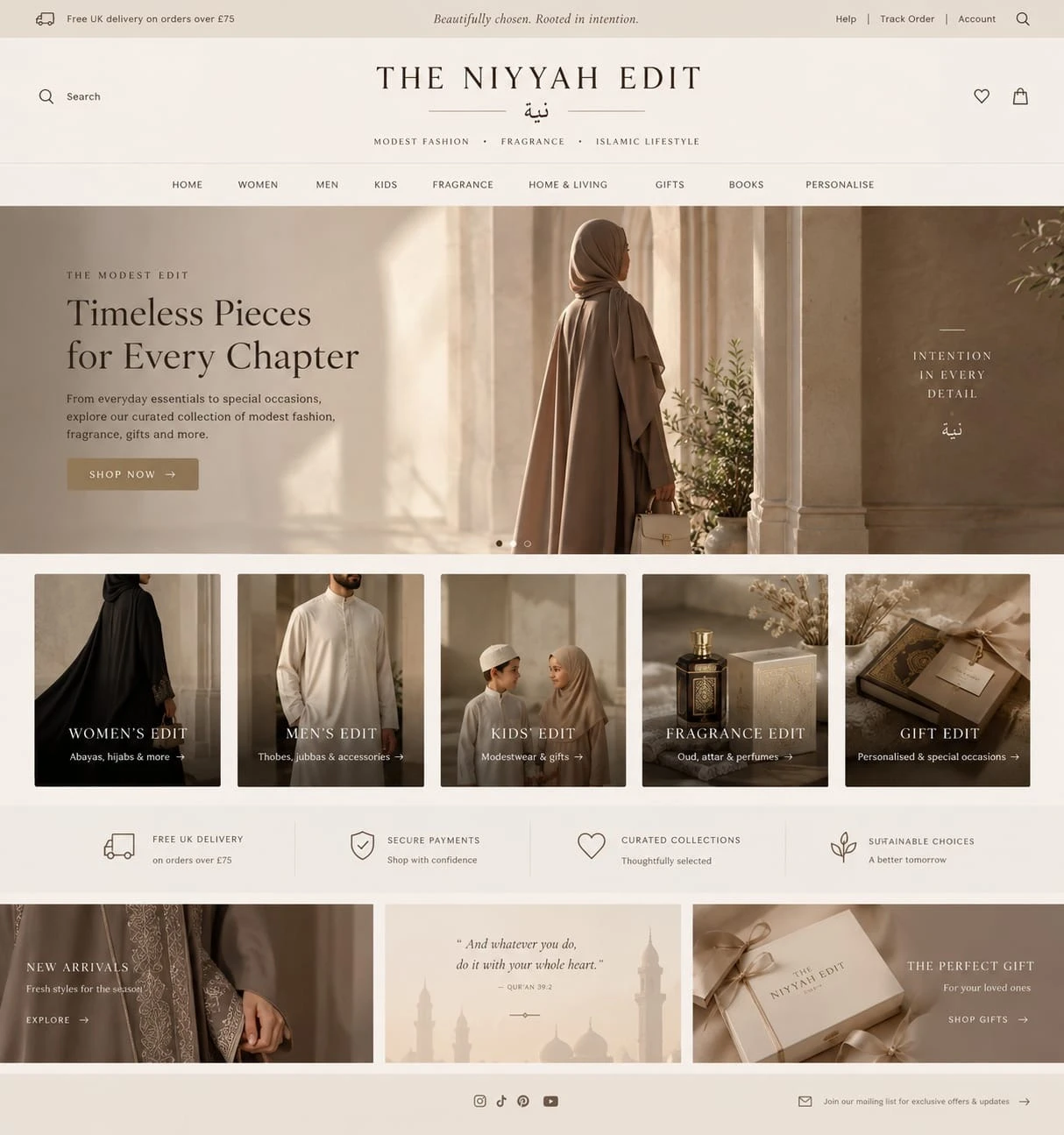 Client-supplied Niyyah Edit homepage design artwork used as the local theme’s visual reference.