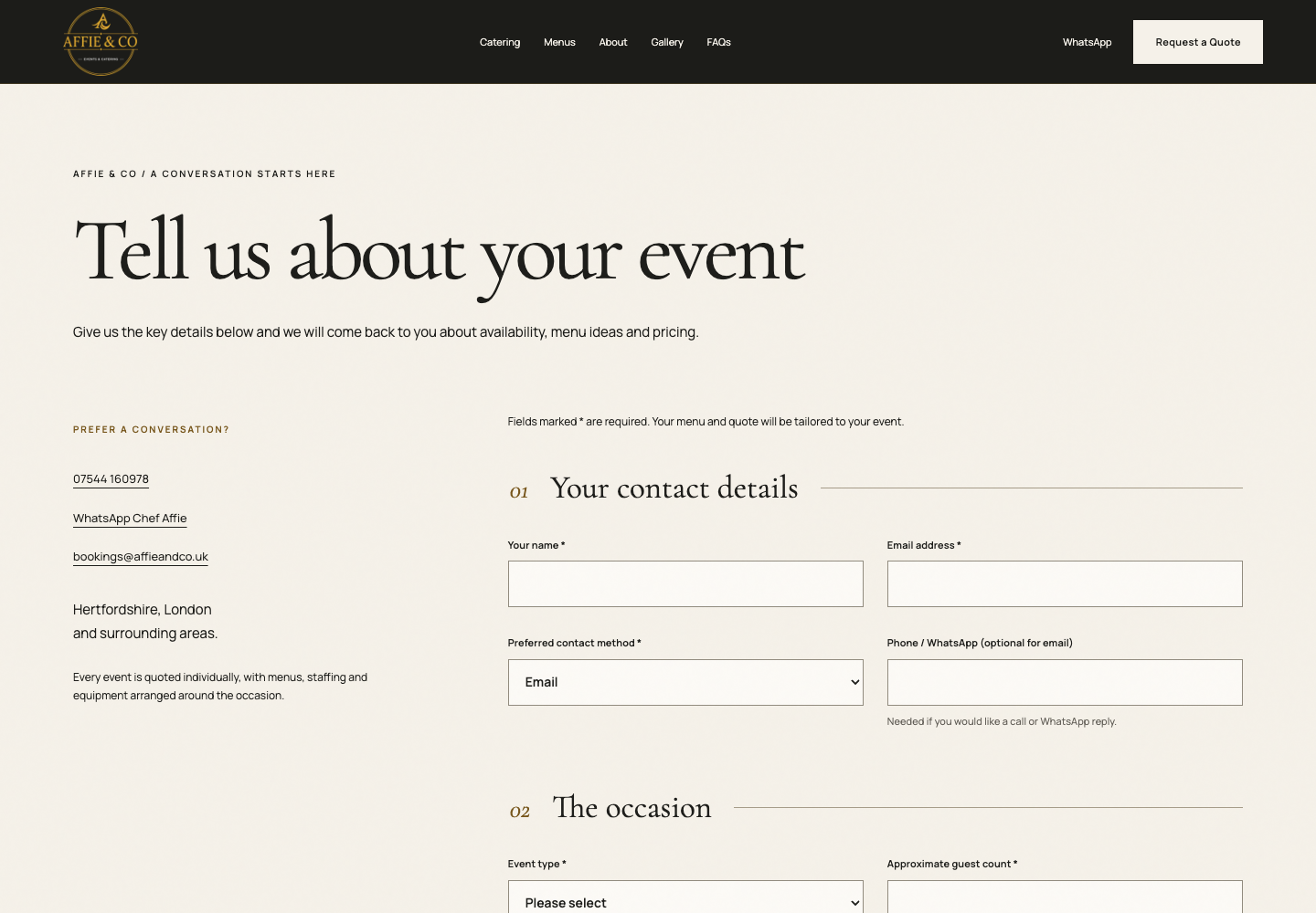 Actual Affie and Co enquiry layout with empty contact and occasion fields