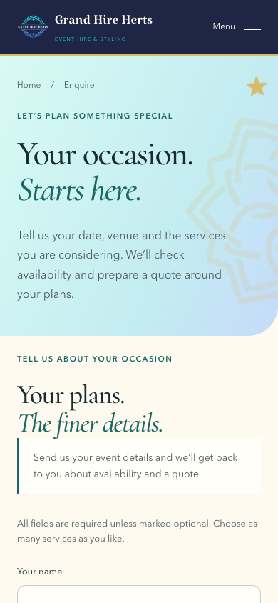 Actual Grand Hire Herts mobile enquiry page, with no customer fields completed.