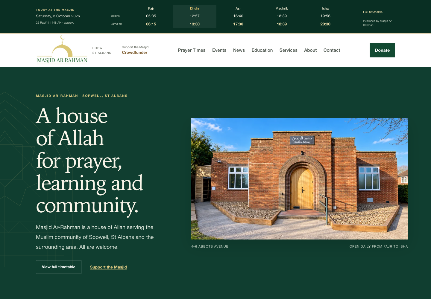 Actual local Masjid Ar-Rahman website homepage.