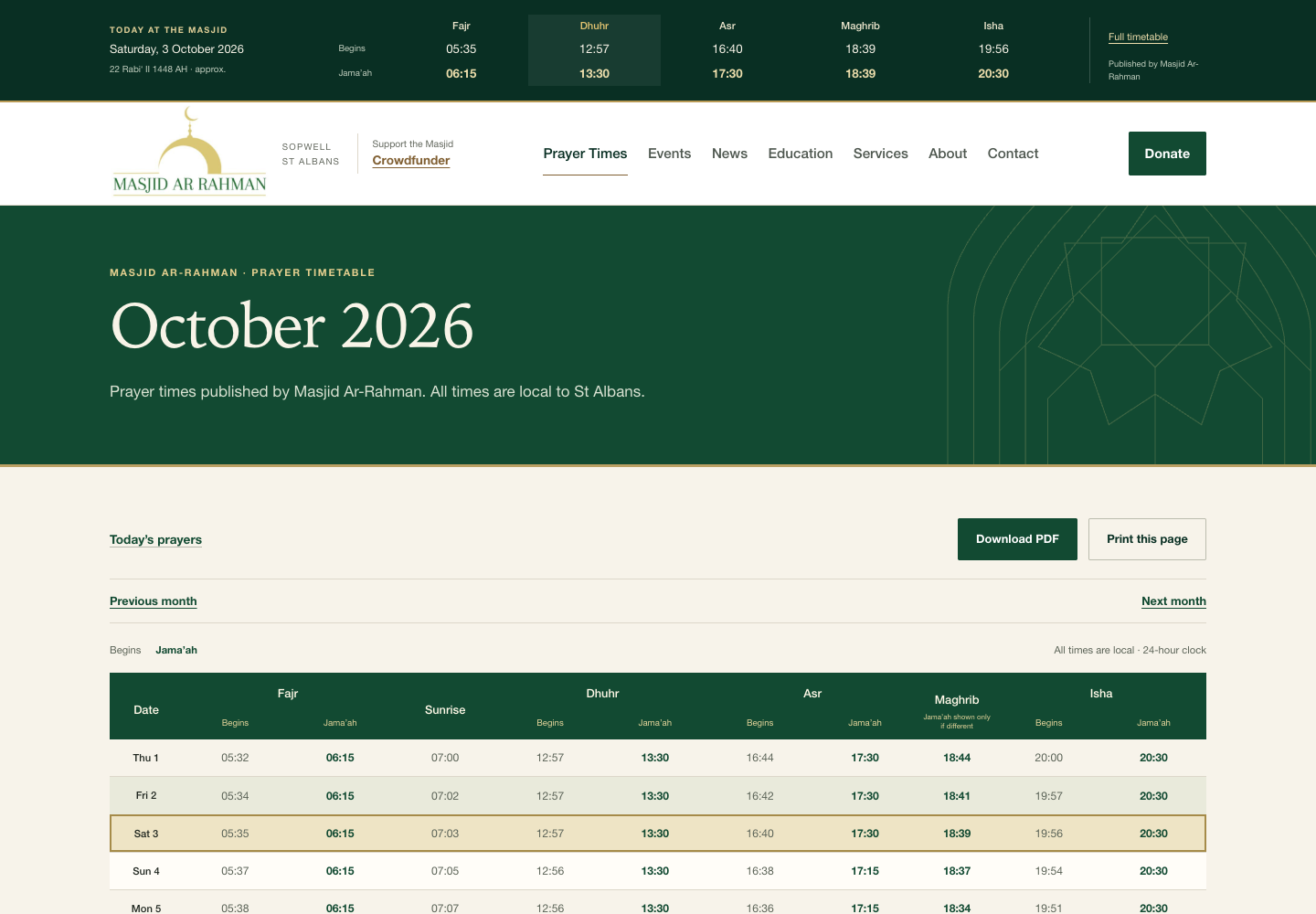 Actual local Masjid Ar-Rahman October 2026 timetable page, using approved mosque data.