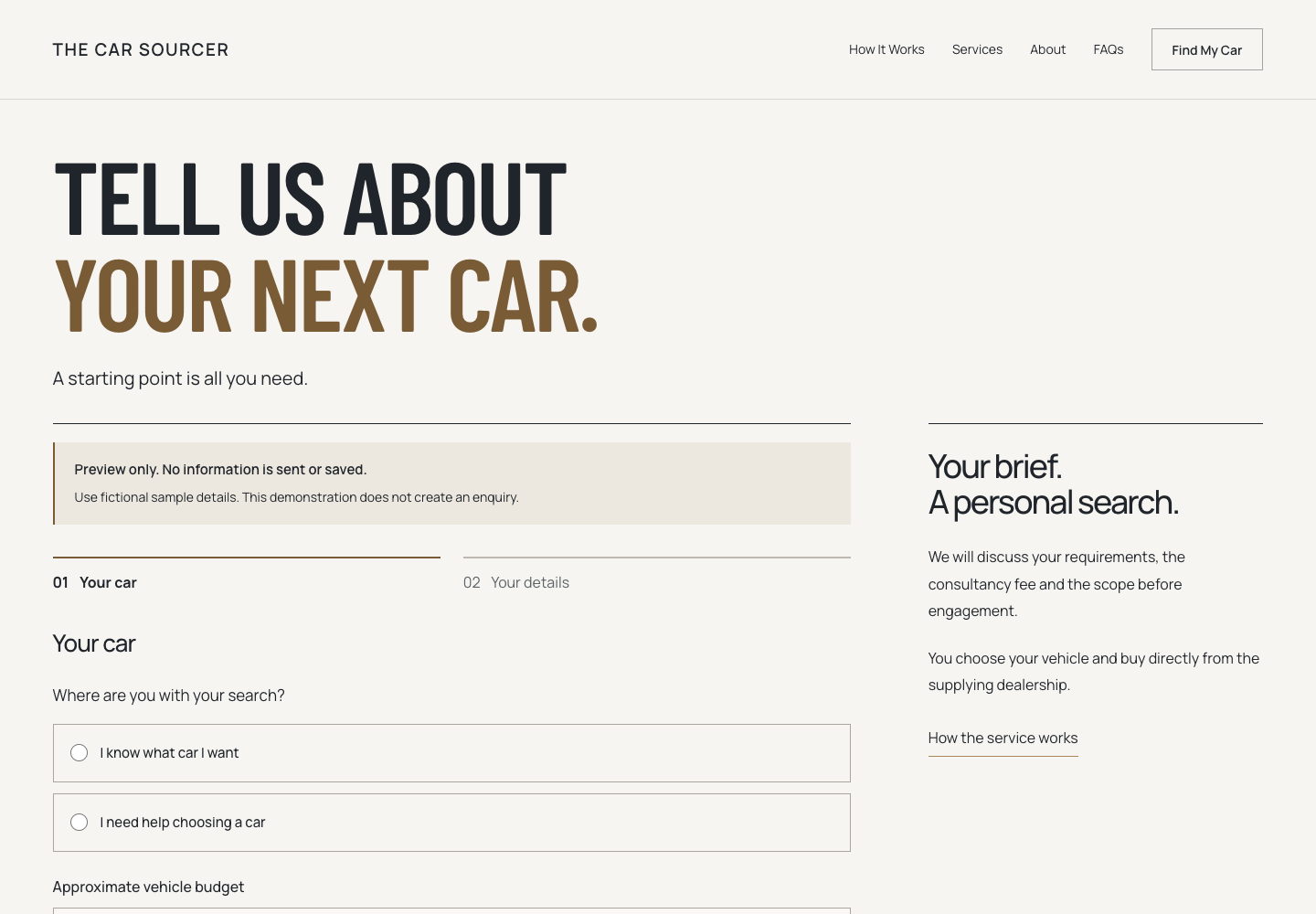 Actual local The Car Sourcer vehicle-brief page, with search preference, budget and optional notes fields.
